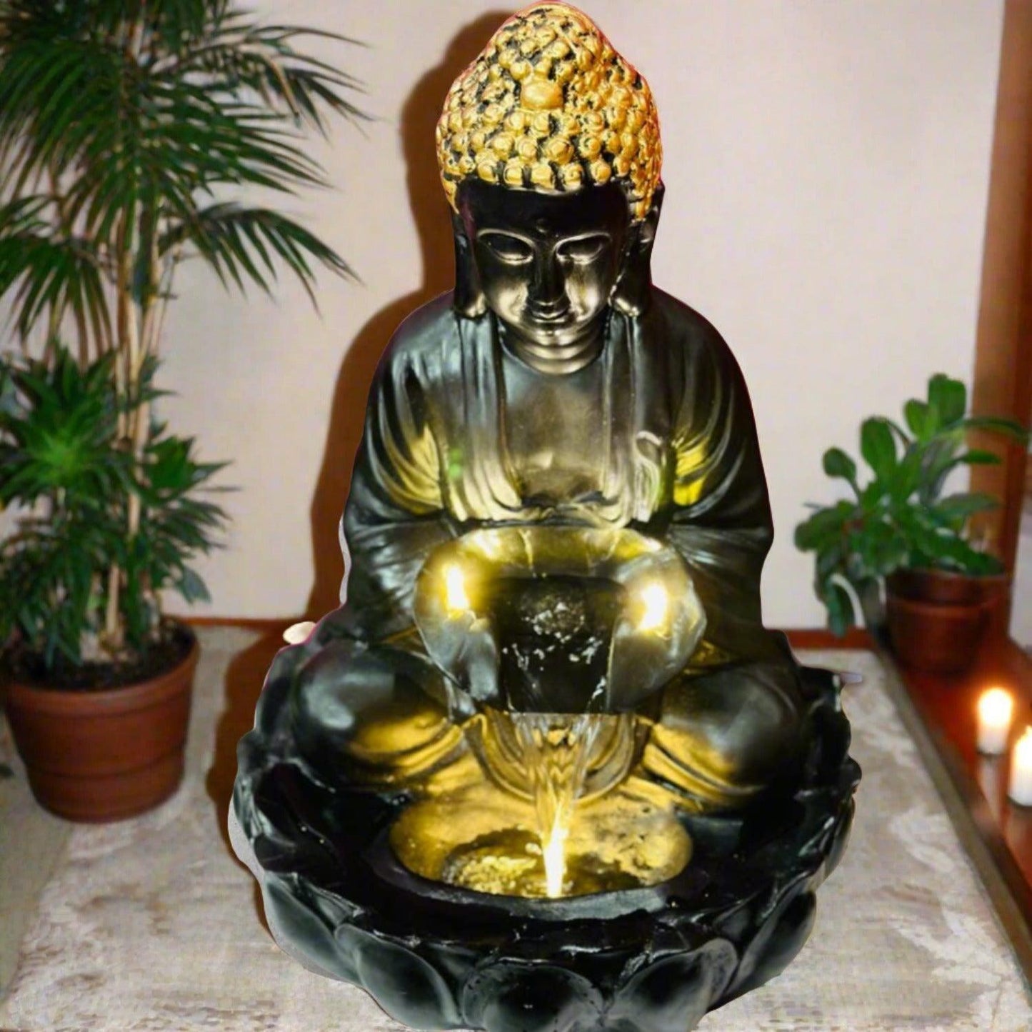 ALiLa Kamal Buddha Idol Table Top Water Fall Fountain with LED Lights Home Decoration Indoor Outdoor Gift Gifting Items, 21 inches, Black - ALiLA