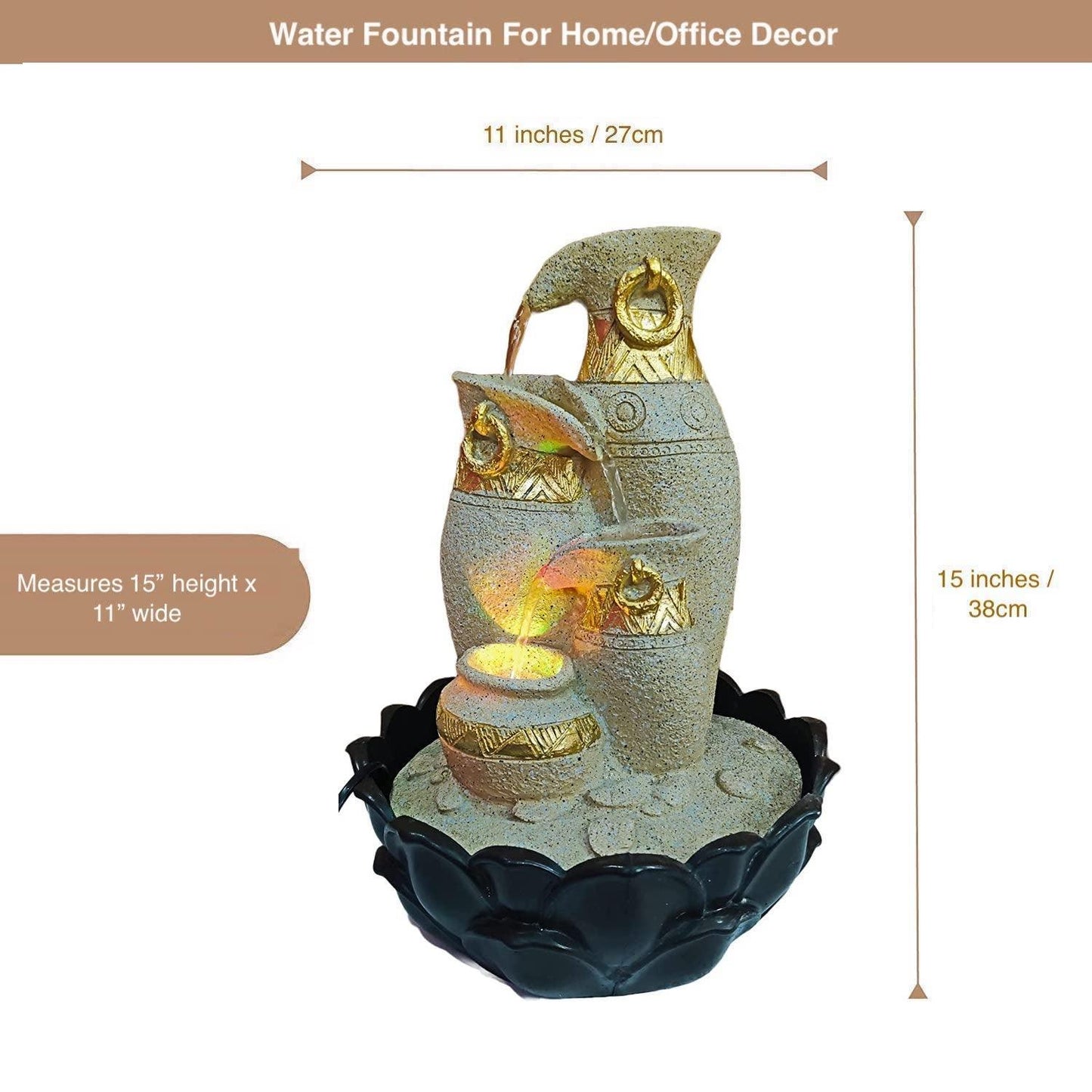 ALiLa LED Antique Jug Waterfall Fountain with Submersible Pump - Perfect for Office, Living Room, Balcony, Garden, and Gifting - ALiLA