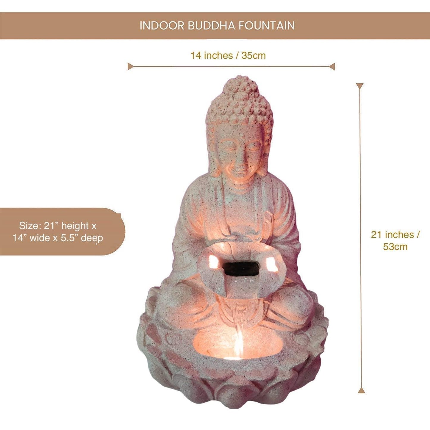 ALiLa Kamal Buddha Idol Table Top Water Fall Fountain with LED Lights Home Decoration Indoor Outdoor Gift Gifting Items, 21 inches, Rose Gold - ALiLA