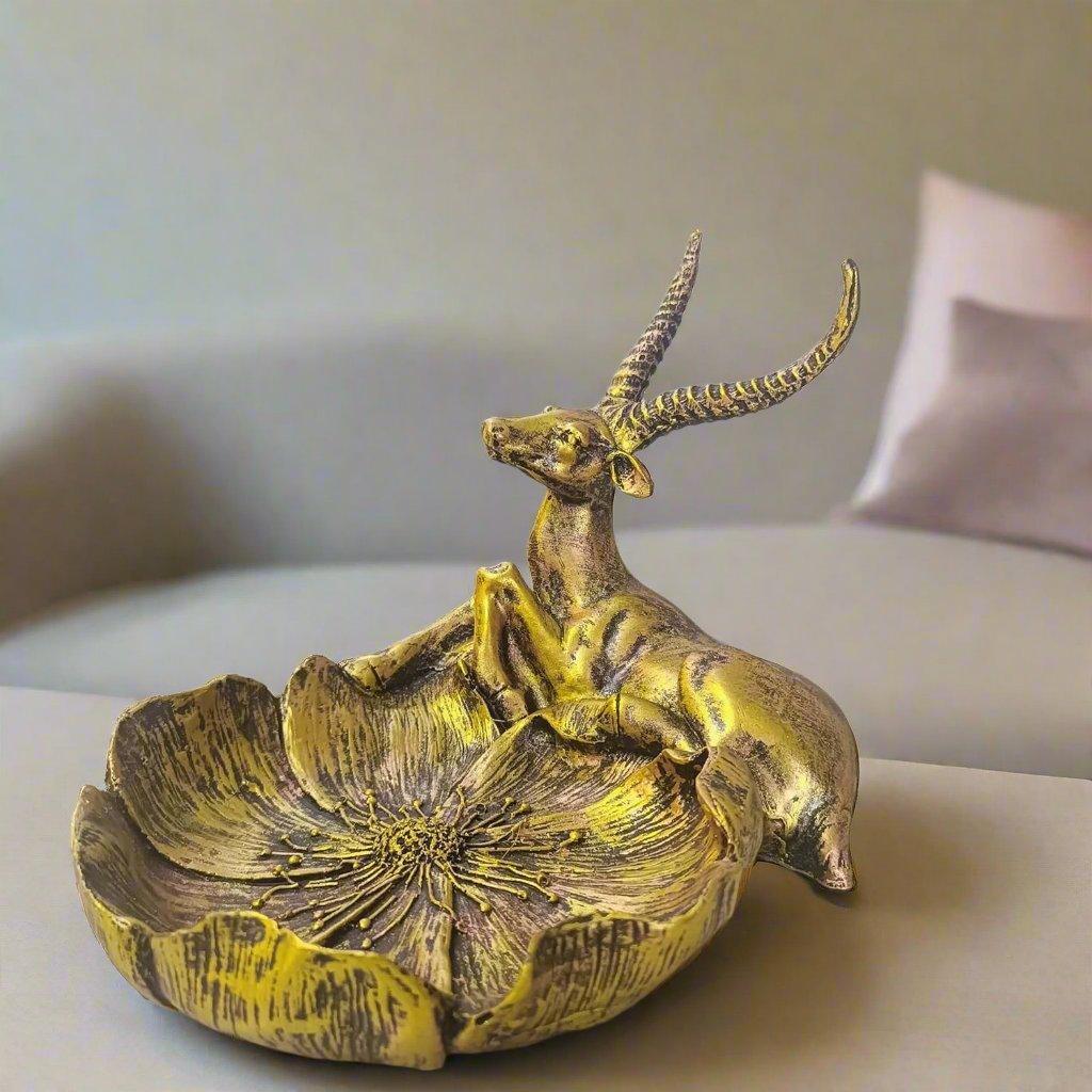 ALILA Deer Hiren on Tray Bowl Polyresin Statue Showpiece Idol for Gifting & Home Office Table Decoration, Golden 8x7x6 Inches (LxWxH) - ALiLA