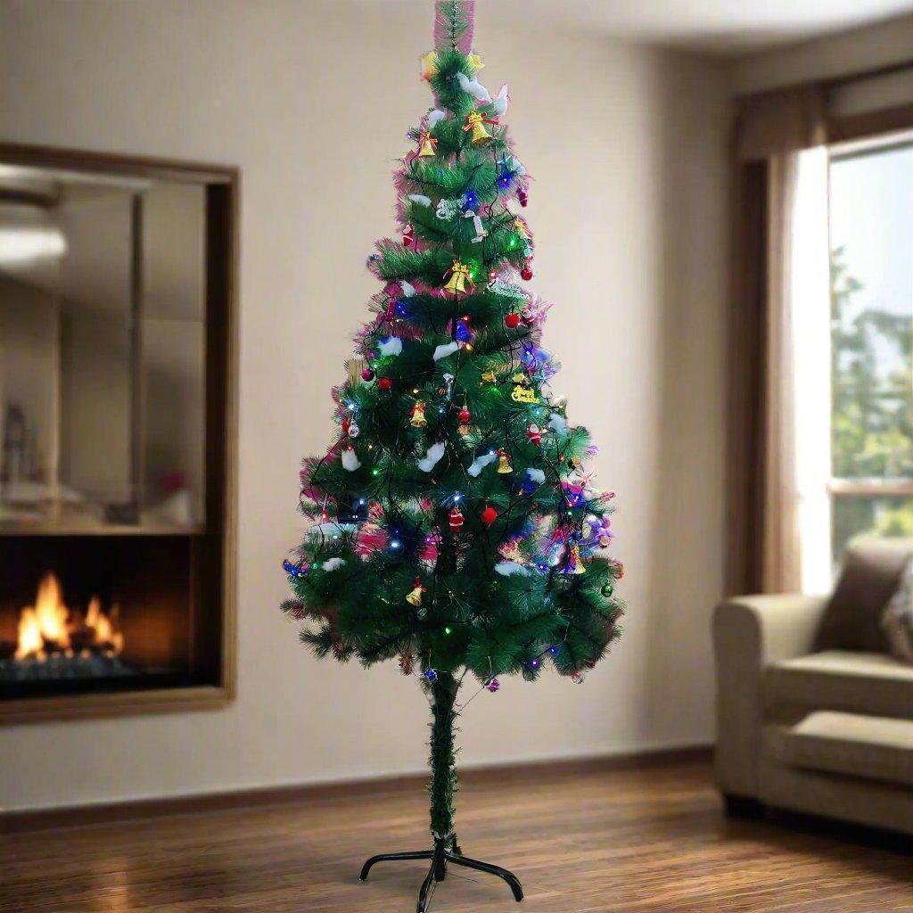 8 Feet Artificial Christmas Pine Tree with 150 Decorations and LED String Lights Perfect for Home & Office - ALiLA
