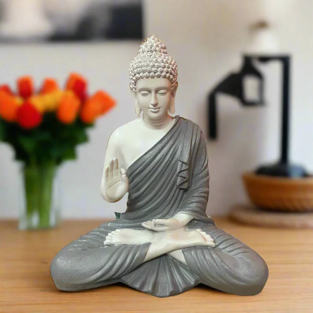Statue ALiLA Big Size Meditating Grey & White Color Buddha Idol Statue Showpiece for Home Garden Living Room Decor Decoration Gift Gifting Items, 14 inches / 35cm / 1 Feet Statue