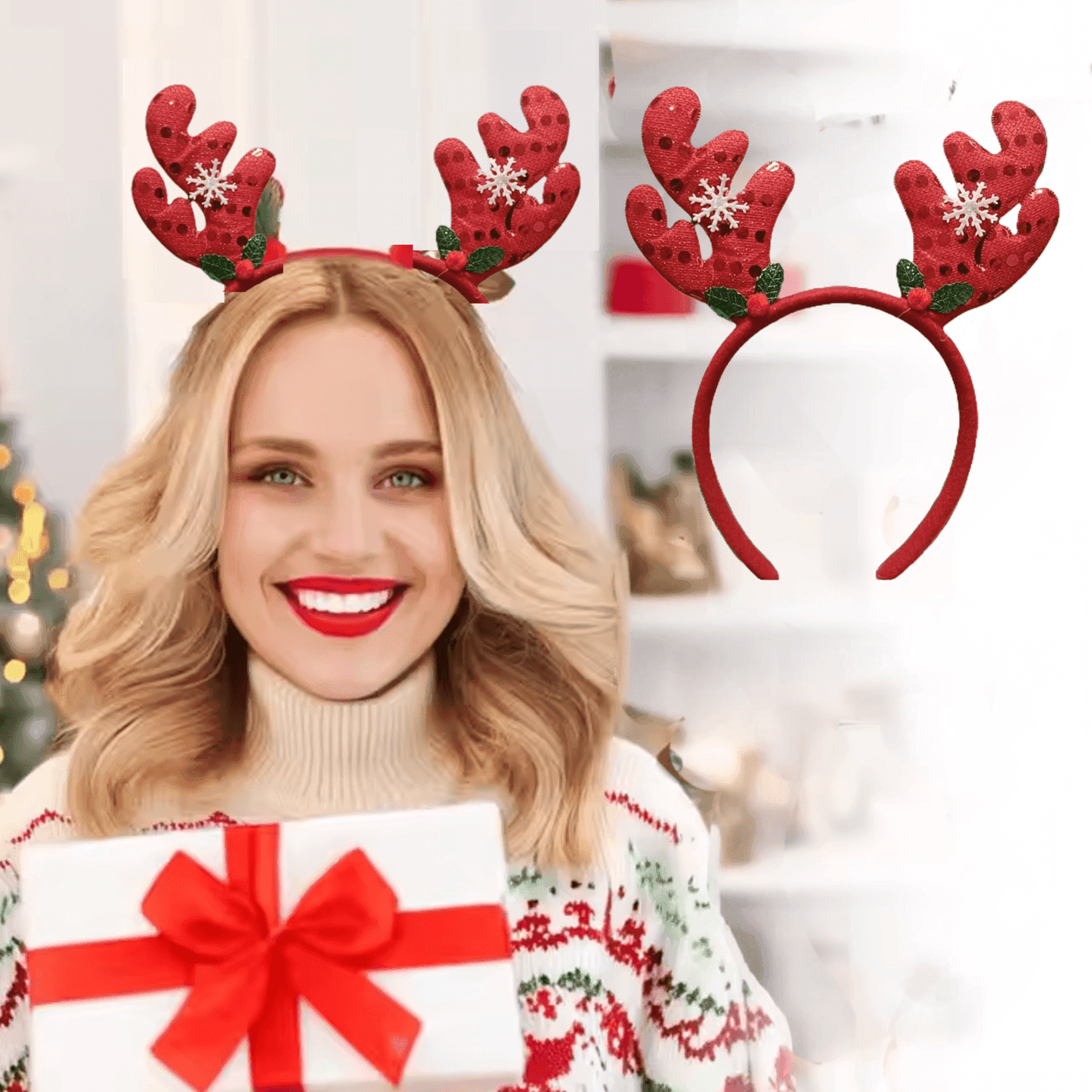New Winter Xmas Headbands Fashion Reindeer Horns Deer Christmas Head Hair Ears Sparkling Bands Decoration, Red - ALiLA
