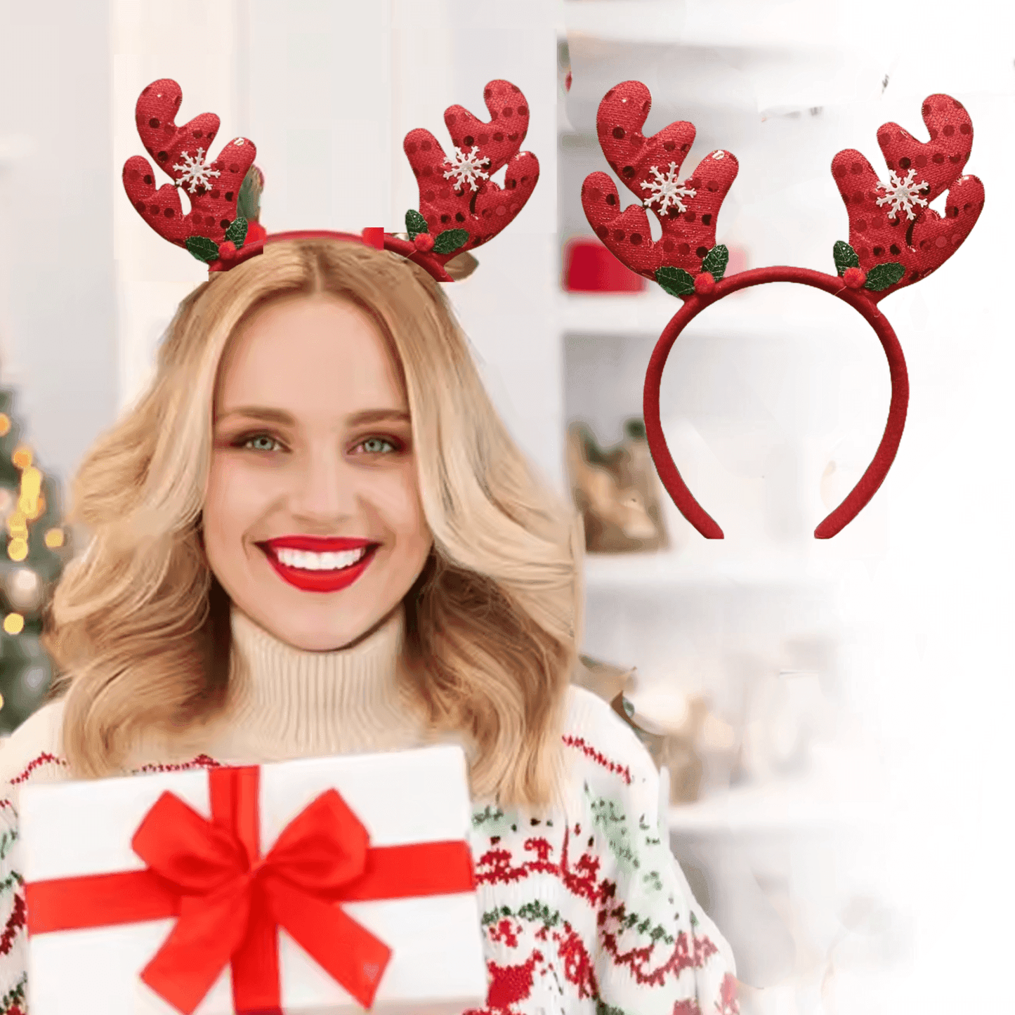 New Winter Xmas Headbands Fashion Reindeer Horns Deer Christmas Head Hair Ears Sparkling Bands Decoration, Red, Pack of 2 - ALiLA