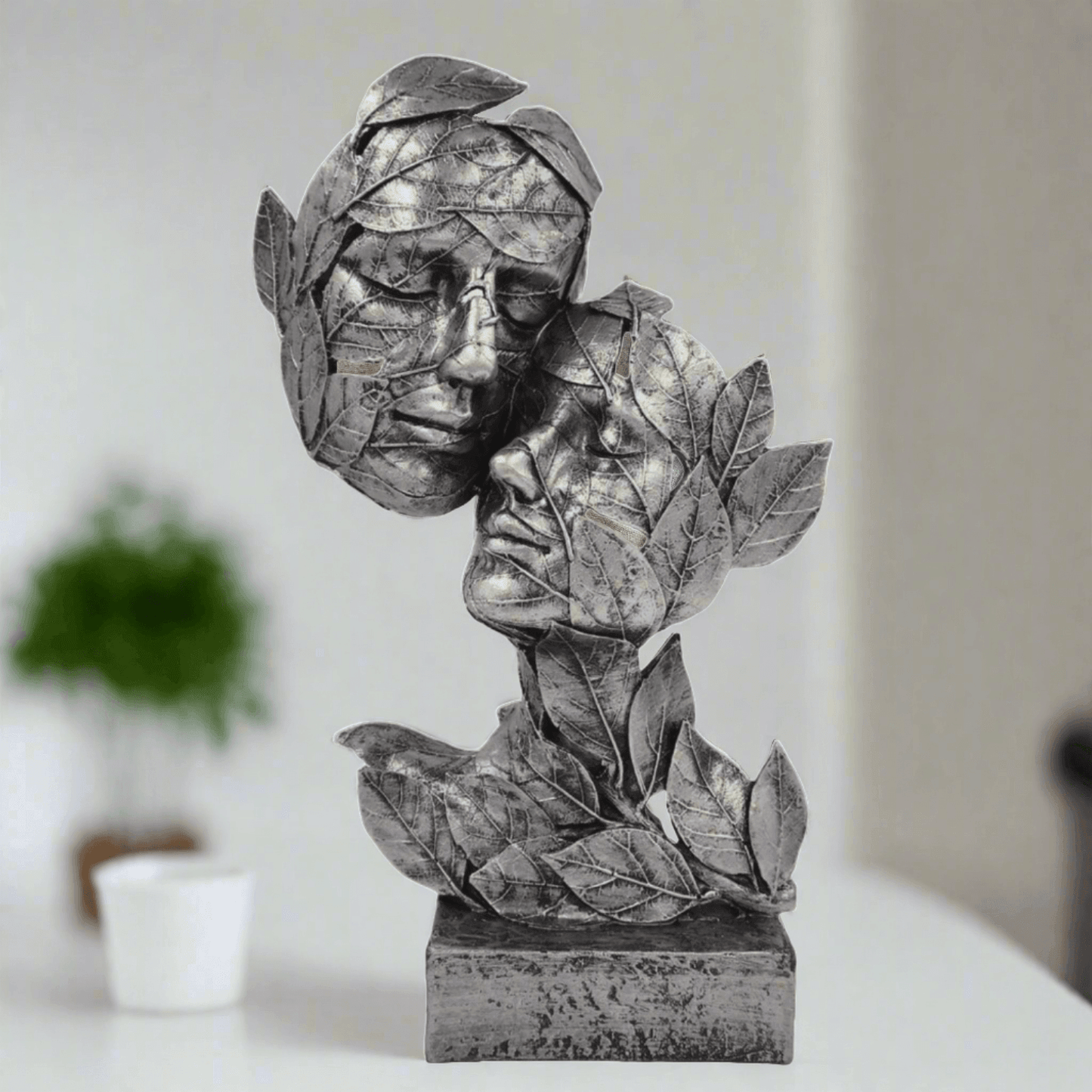 Silver Leaf Couple Faces Statue Showpiece Idol for Gifting & Home Table Decoration Vastu Lucky, 12.5 Inches Height - ALiLA