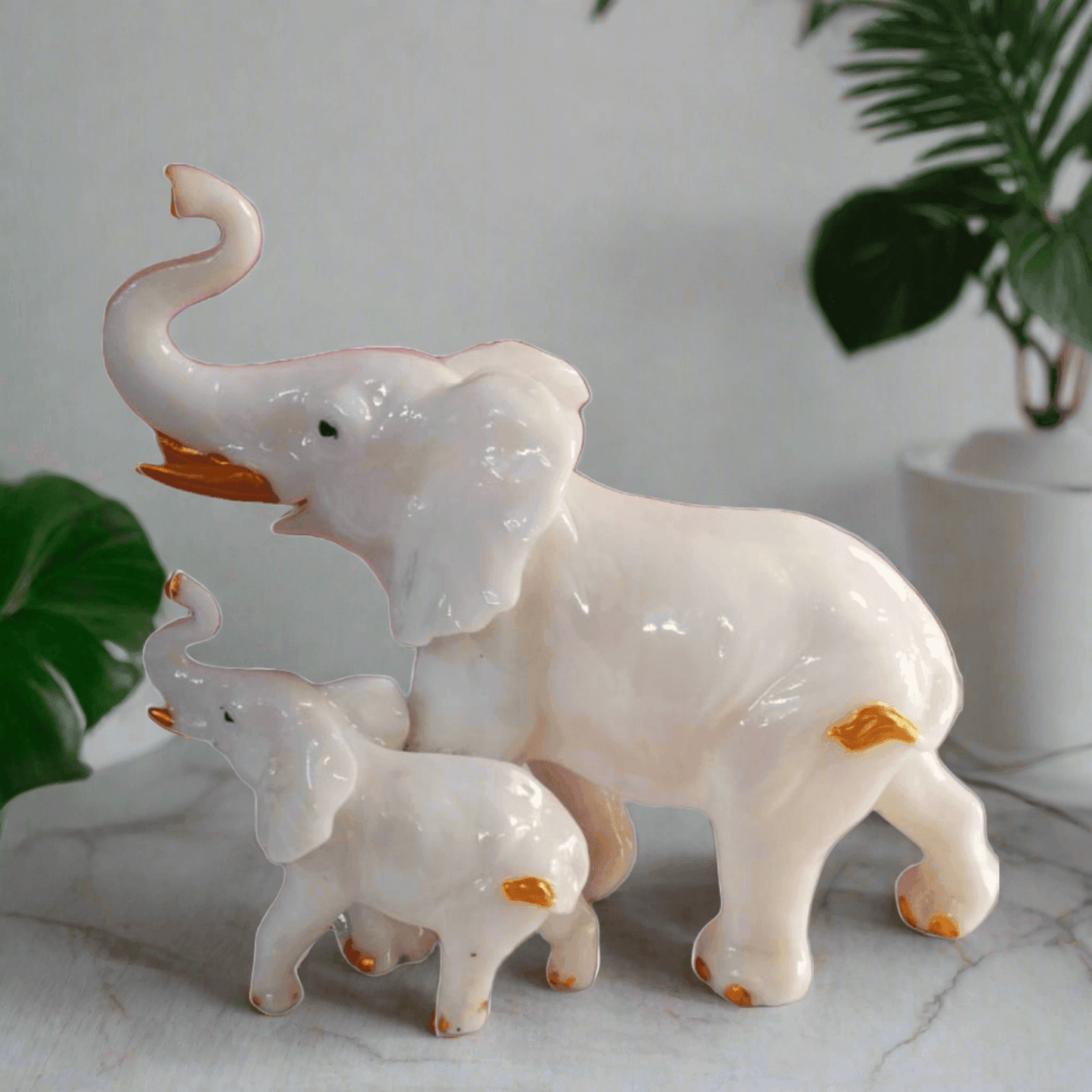 ALiLa Elephant with Kid Statue Showpiece Idol for Gifting & Home Table Office Desk Decoration Figurines, White Marble, 8 Inches Height - ALiLA