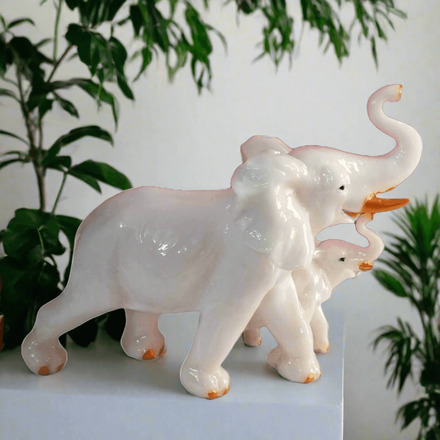 ALiLa Elephant with Kid Statue Showpiece Idol for Gifting & Home Table Office Desk Decoration Figurines, White Marble, 8 Inches Height - ALiLA
