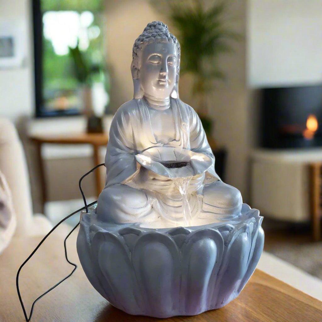 ALiLa Kamal Buddha Idol Table Top Water Fall Fountain with LED Lights Home Decoration Indoor Outdoor Gift Gifting Items, 21 inches, Grey - ALiLA