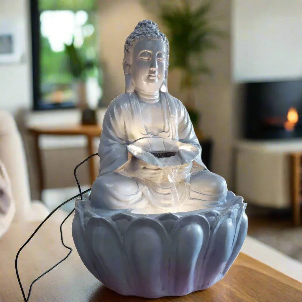 ALiLa Kamal Buddha Idol Table Top Water Fall Fountain with LED Lights Home Decoration Indoor Outdoor Gift Gifting Items, 21 inches, Grey - ALiLA