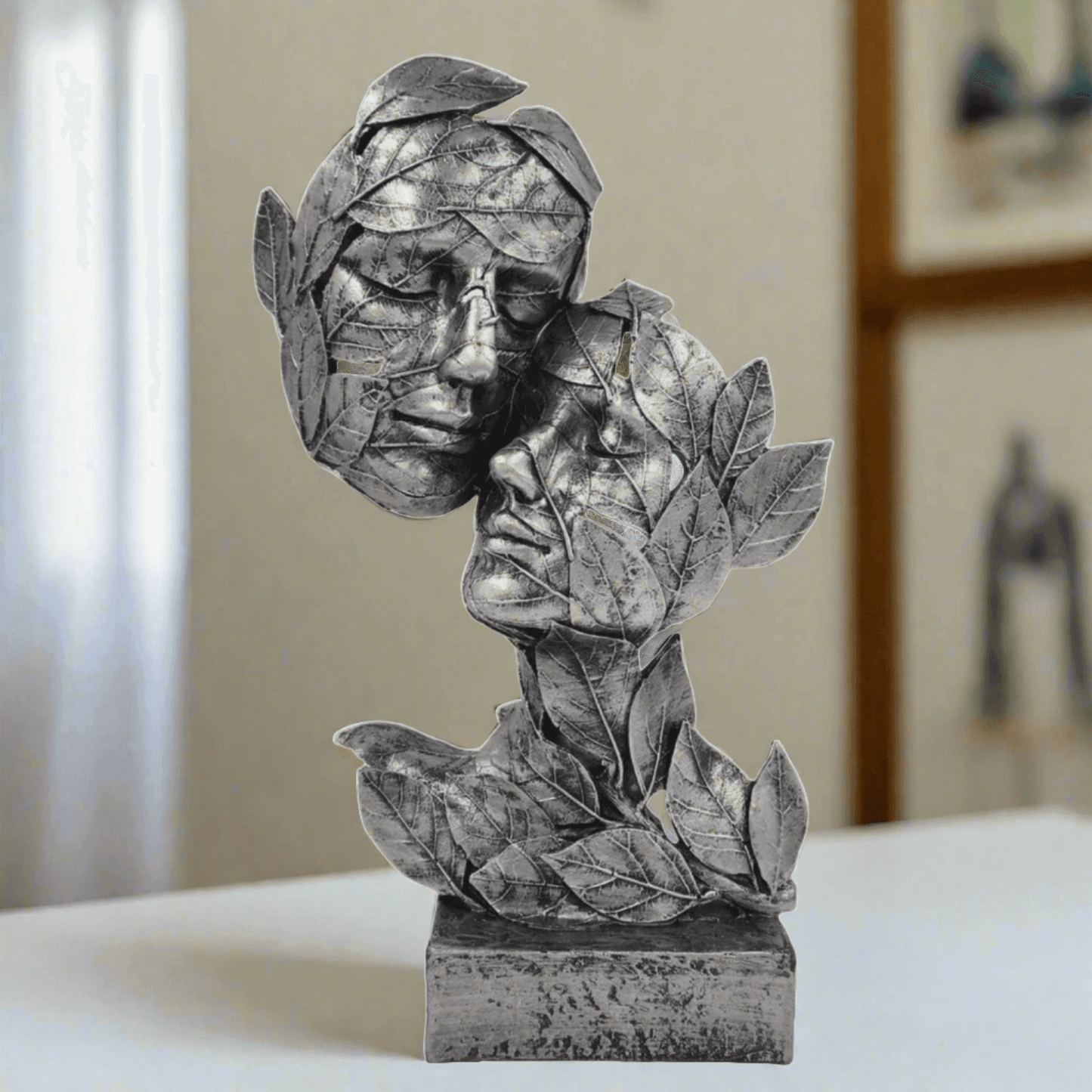 Silver Leaf Couple Faces Statue Showpiece Idol for Gifting & Home Table Decoration Vastu Lucky, 12.5 Inches Height - ALiLA