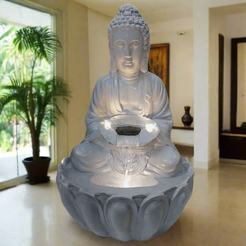 ALiLa Kamal Buddha Idol Table Top Water Fall Fountain with LED Lights Home Decoration Indoor Outdoor Gift Gifting Items, 21 inches, Grey