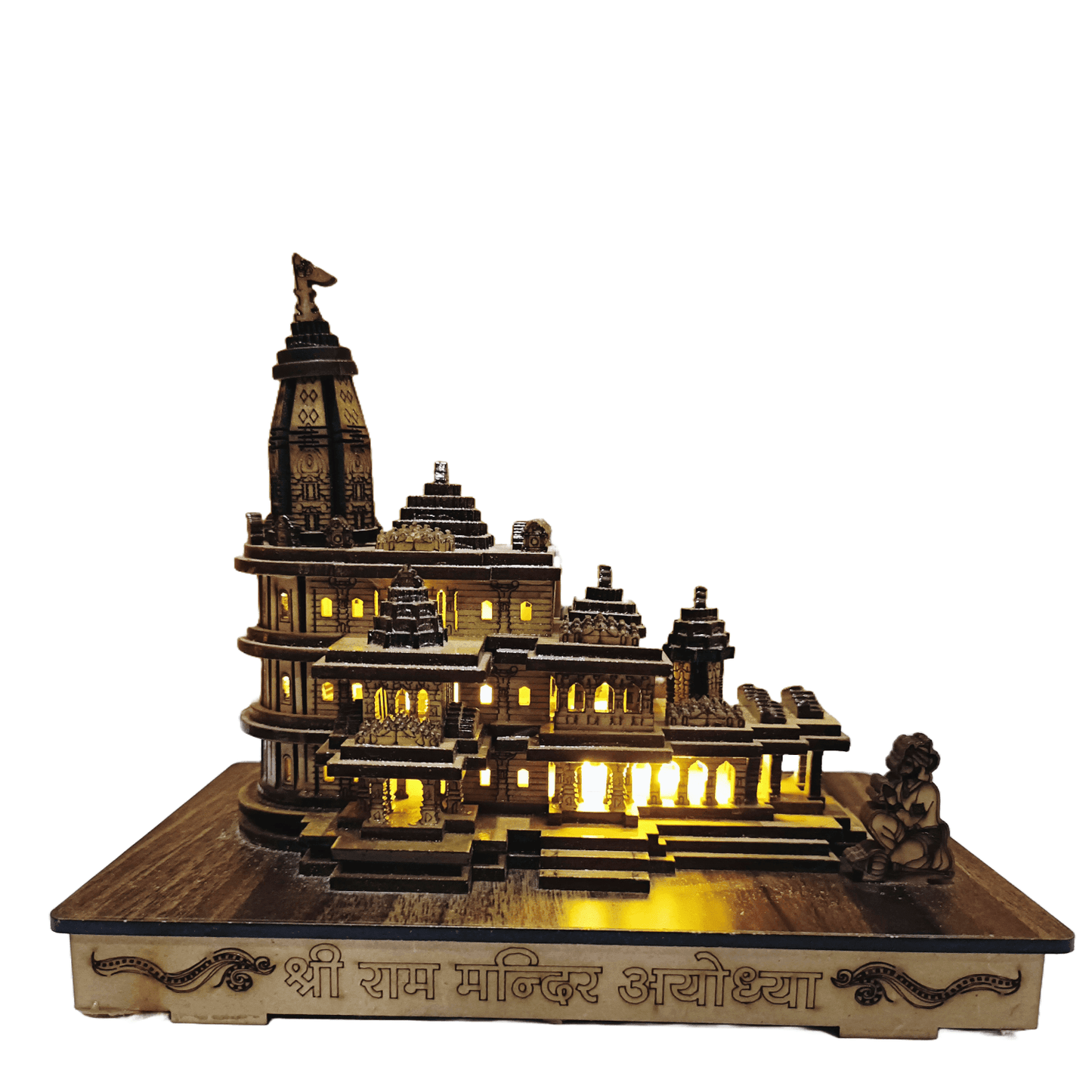 ALiLa Shri Ram 3D Wooden Mandir Ayodhya Model with LED Lights for Home Temple Pooja Decor Decoration Gifts, 8 Inch Length / 6.5 Inch Height - ALiLA