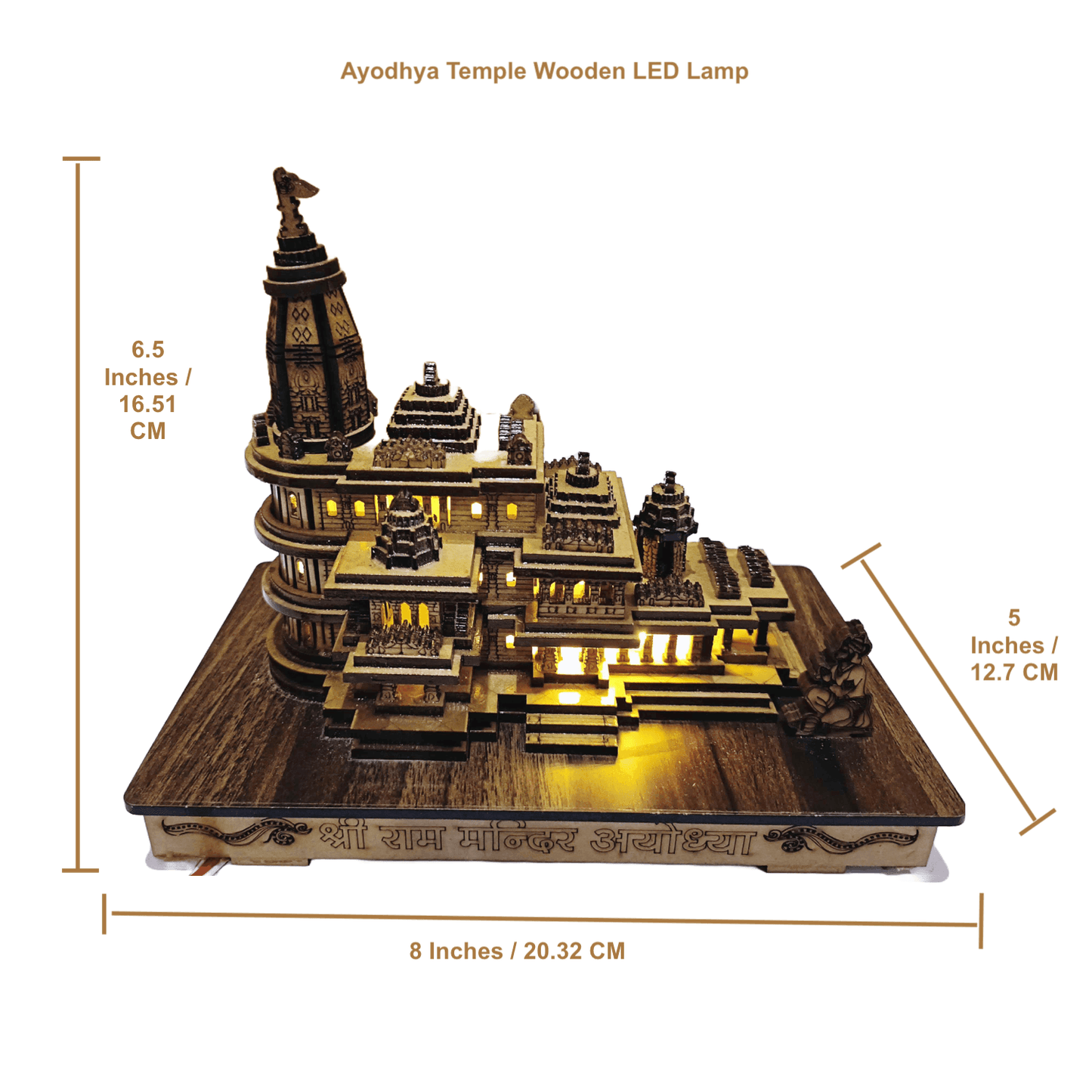 ALiLa Shri Ram 3D Wooden Mandir Ayodhya Model with LED Lights for Home Temple Pooja Decor Decoration Gifts, 8 Inch Length / 6.5 Inch Height - ALiLA