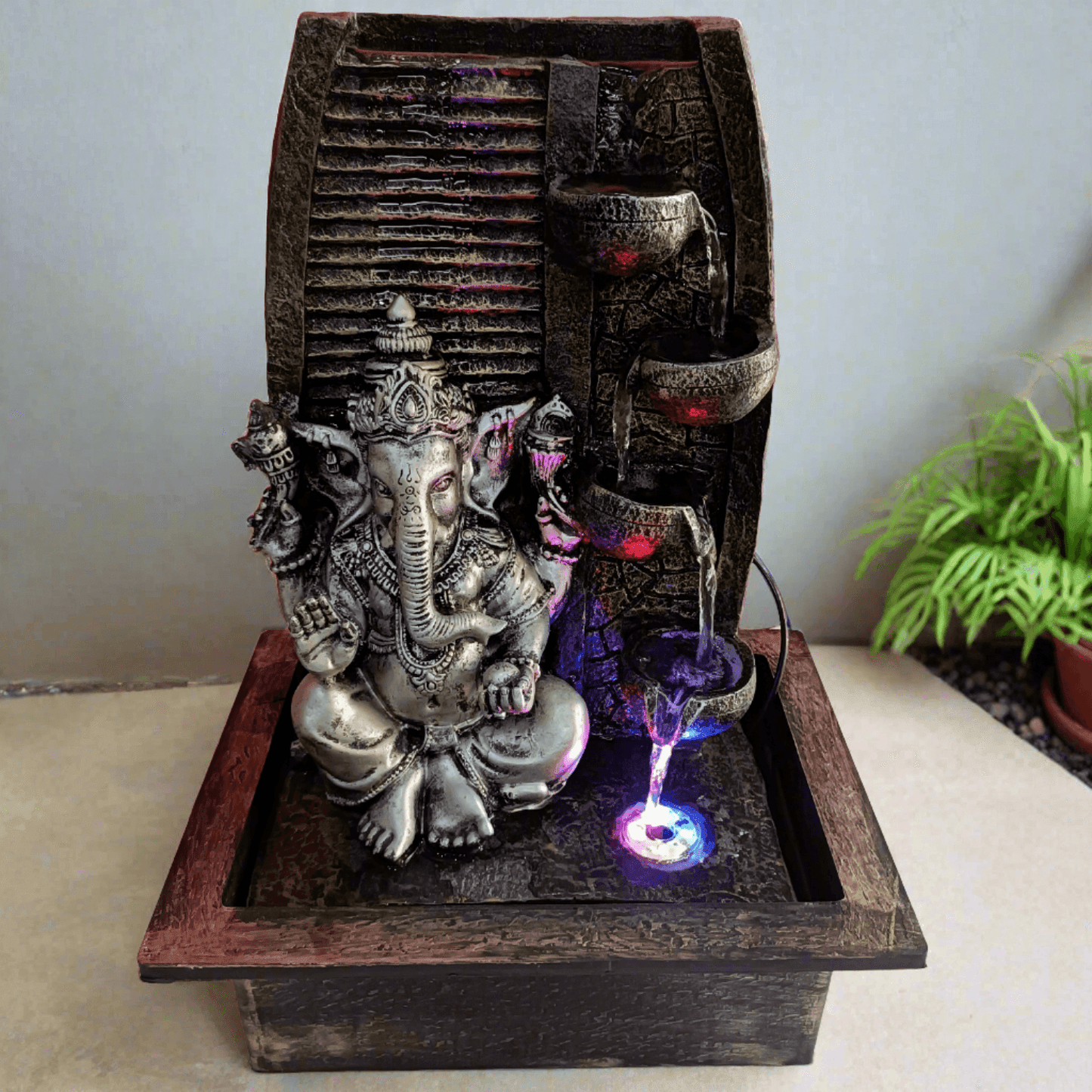 ALiLa Silver Ganesha Vinayaka Statue Waterfall Fountain with LED Lights for Home/Living room/Garden/Table/ Decoration gifting item - ALiLA