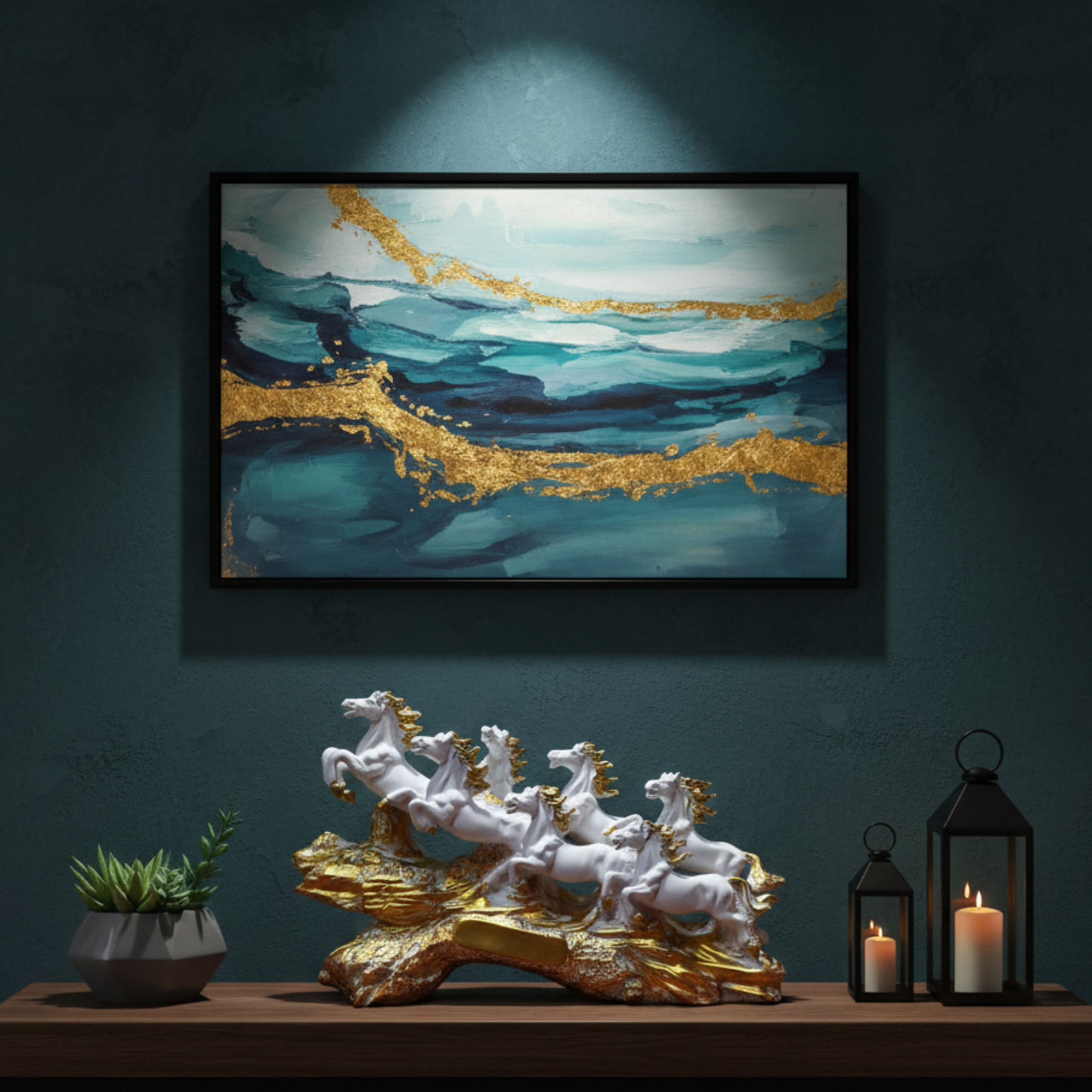 Statue ALiLA ALILA 7 Running Horses White Resin Statue 19 Inch | Vastu Feng Shui Horse Showpiece for Home & Office Decor | Symbol of Success, Wealth, Power | Decorative Horse Sculpture with Golden Wave Base Statue