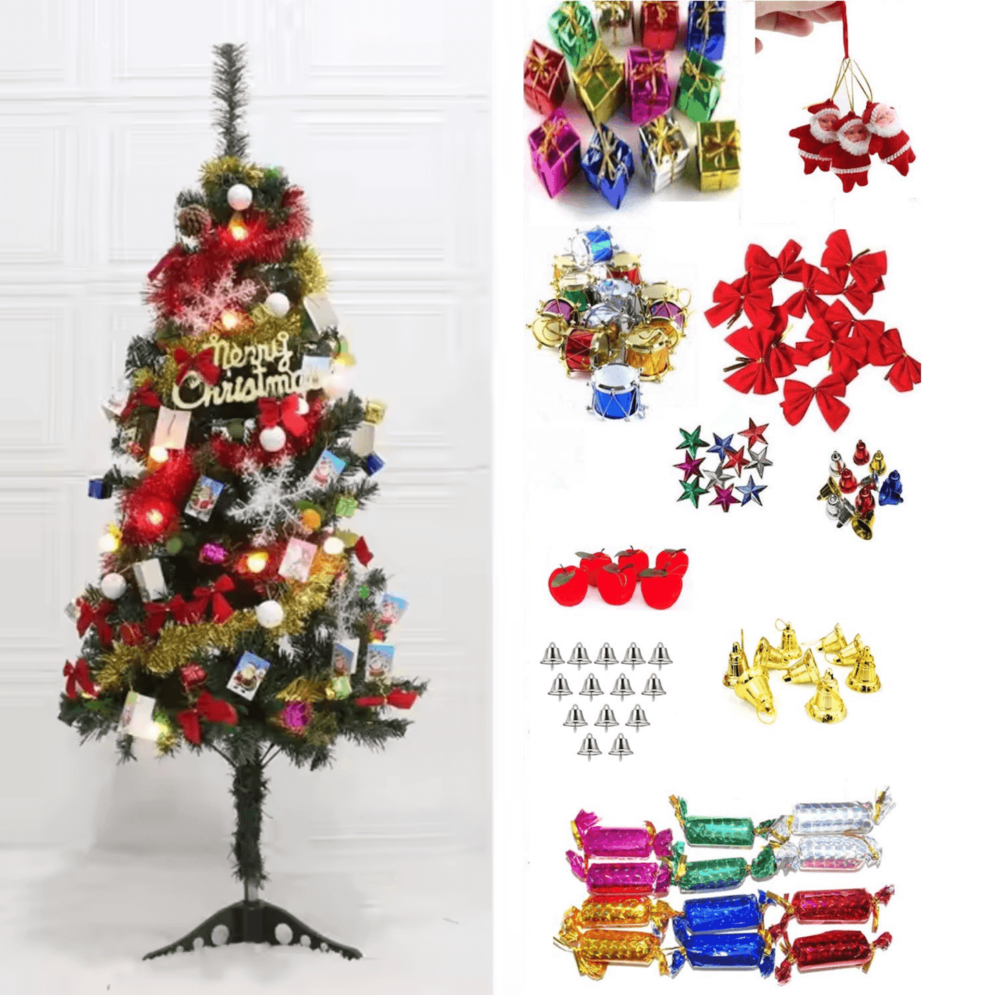 3 Feet Artificial Christmas Tree with 60 Decorations and LED String Lights - Perfect for Home, Office, or Small Spaces - ALiLA