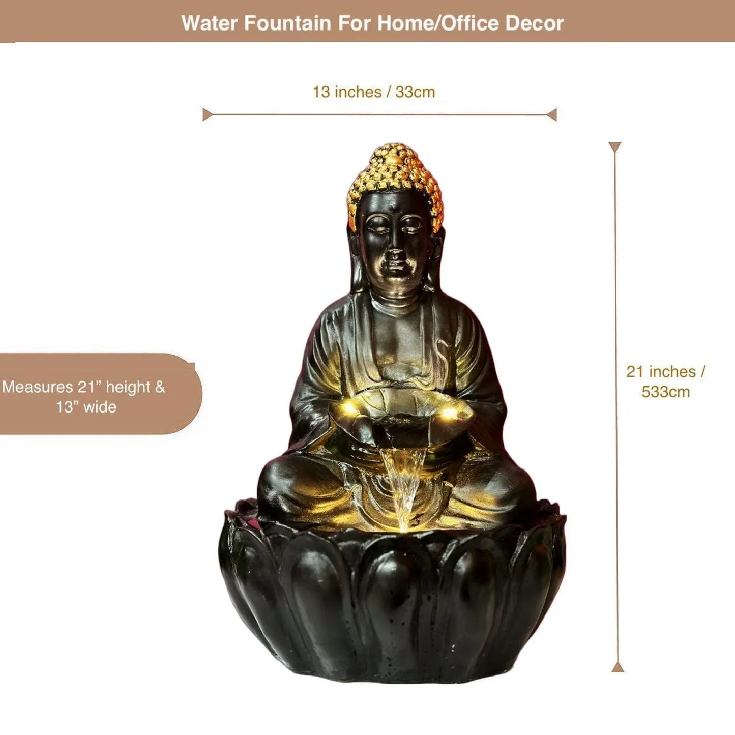 ALiLa Kamal Buddha Idol Table Top Water Fall Fountain with LED Lights Home Decoration Indoor Outdoor Gift Gifting Items, 21 inches, Black - ALiLA