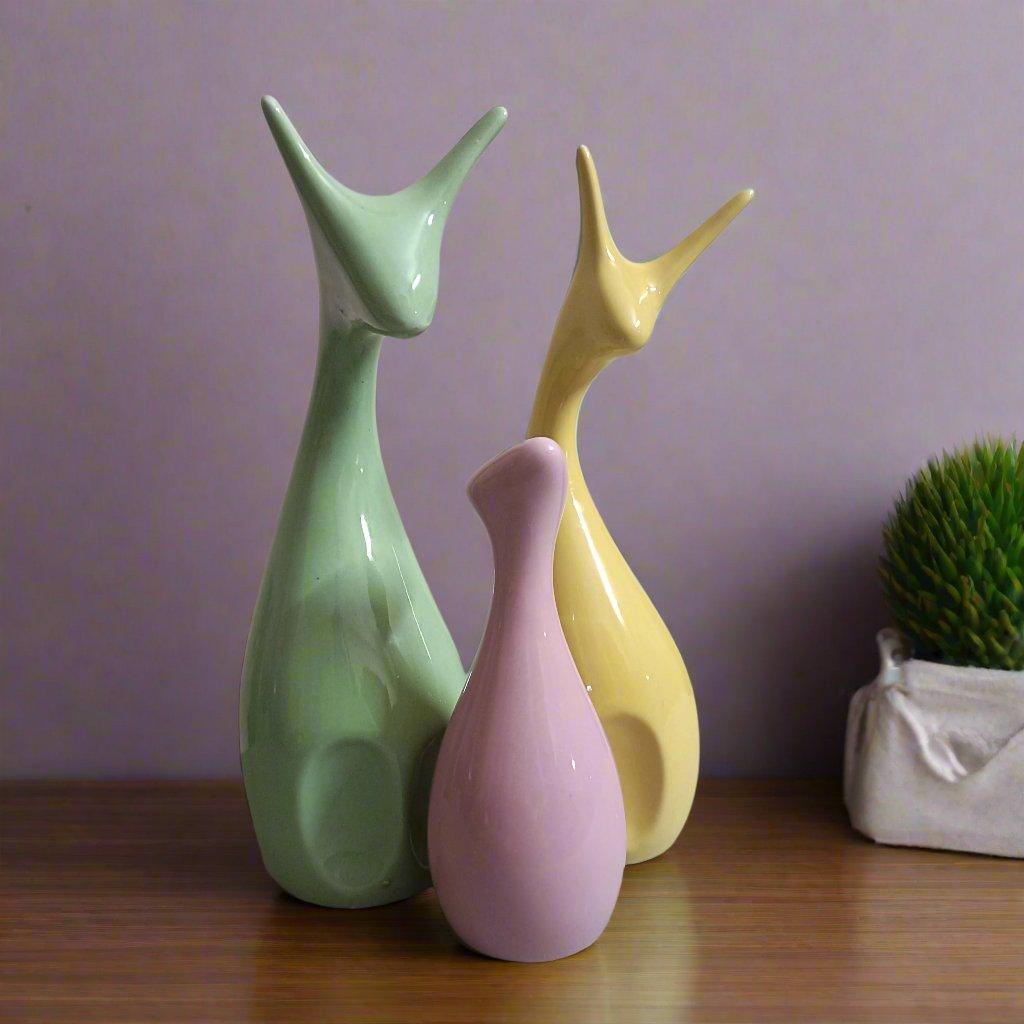 Lucky Deer Statue Family Ceramic Figures Showpiece for Home Office Decoration & Gifting, Set of 3 (Green, Yellow & Pink) - ALiLA