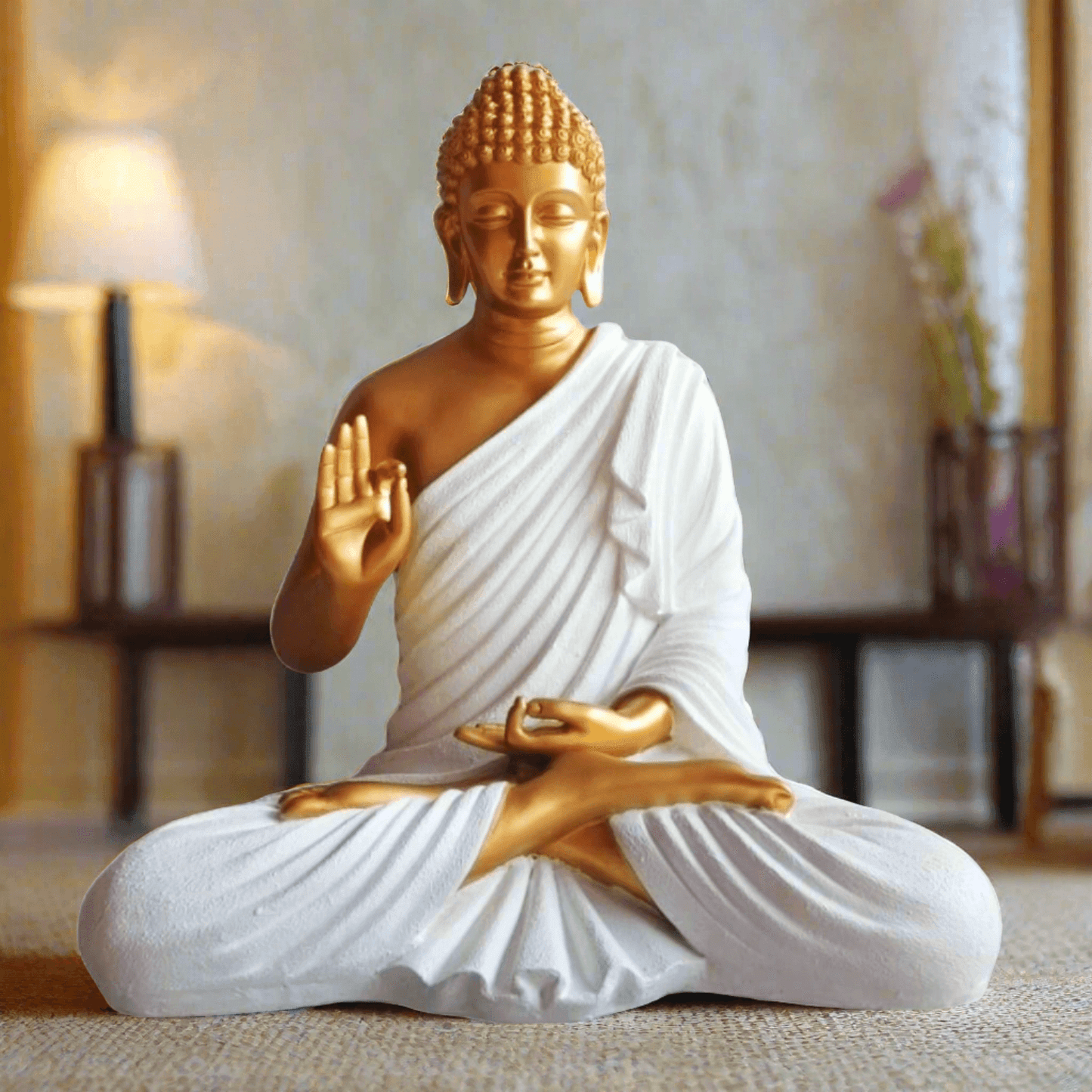 Big Size Meditating Buddha Idol Statue Showpiece for Home Garden Living Room Decoration Gifting Items, 22 inches Height, White & Golden - ALiLA