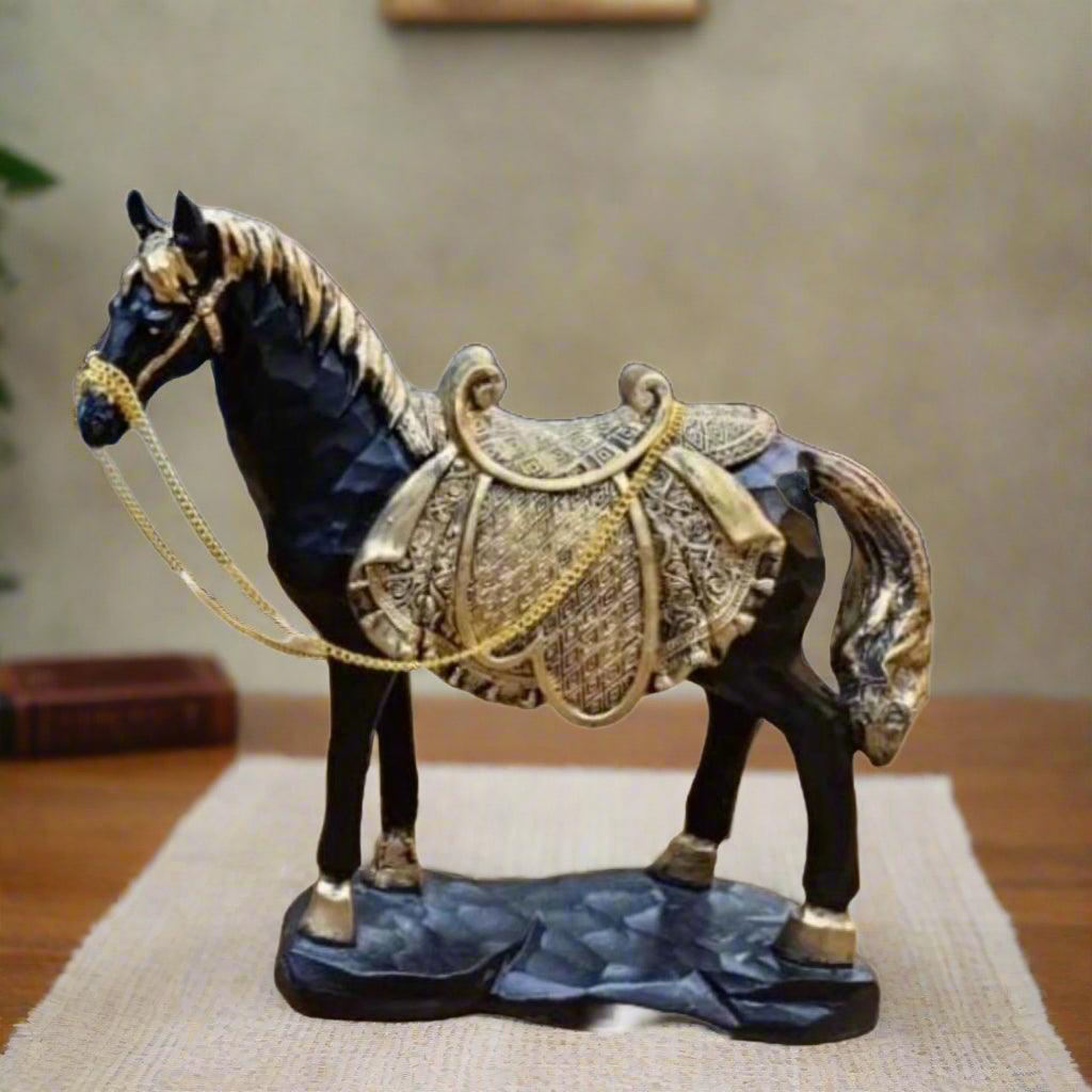 ALiLa Horse Statue Good Luck Vastu Showpiece Idol for Gifting & Home Office Table Desk Decoration, Black Golden, 8 Inches - ALiLA