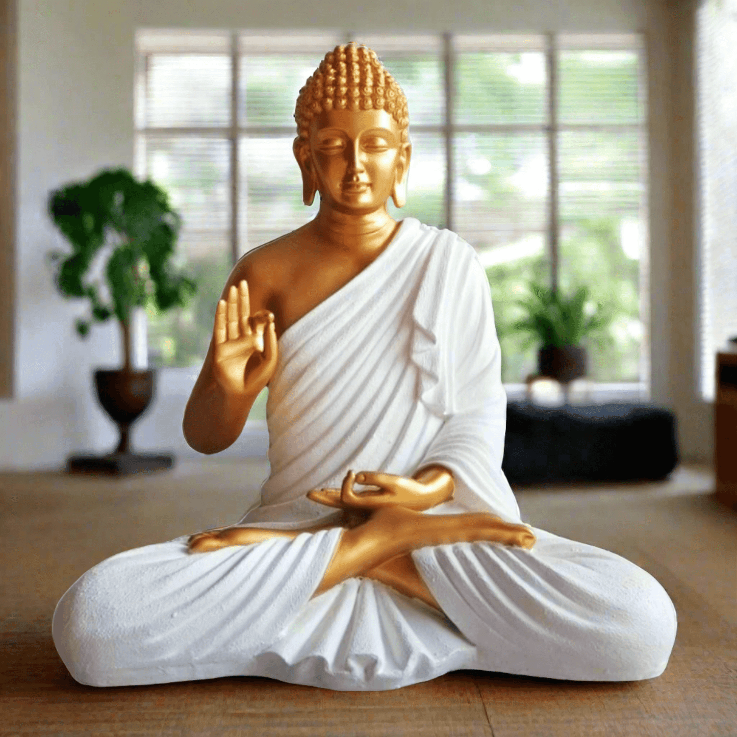 Big Size Meditating Buddha Idol Statue Showpiece for Home Garden Living Room Decoration Gifting Items, 22 inches Height, White & Golden - ALiLA