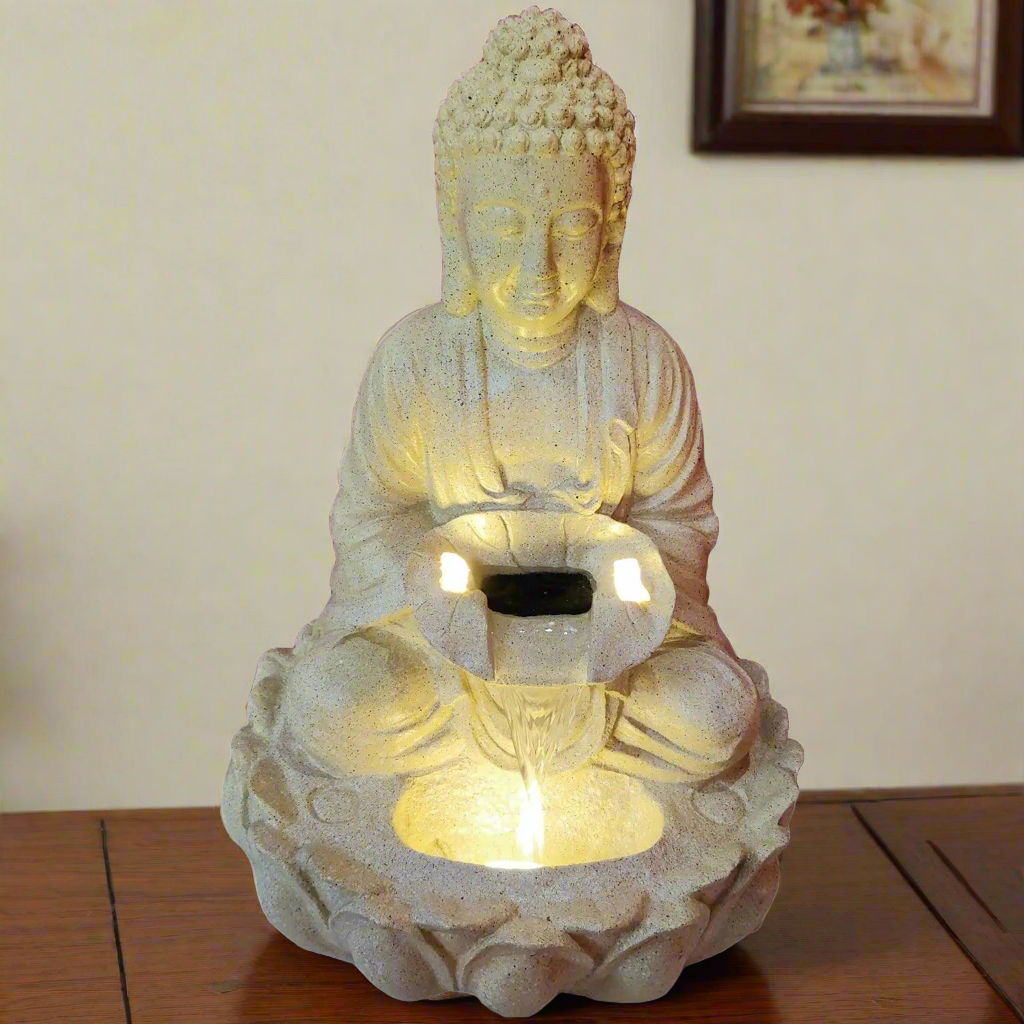 ALiLa Kamal Buddha Idol Table Top Water Fall Fountain with LED Lights Home Decor Decoration Indoor Outdoor Gift Gifting Items, 21 inches - ALiLA