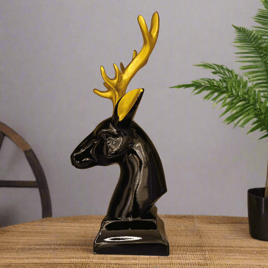 ALiLa Black Deer with Golden Horn Statue Idol for Table/ Living room Decoration & Gifting, 11 Inches Height - ALiLA