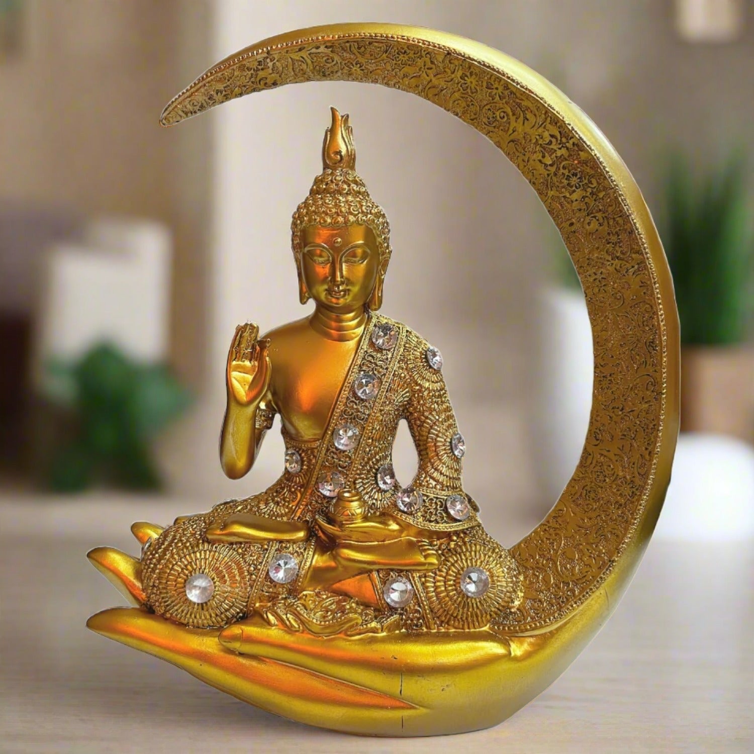 Statue ALiLA Golden Meditating Buddha Moon Statue Idol for Home Living Room Decor, 9 Inches Statue