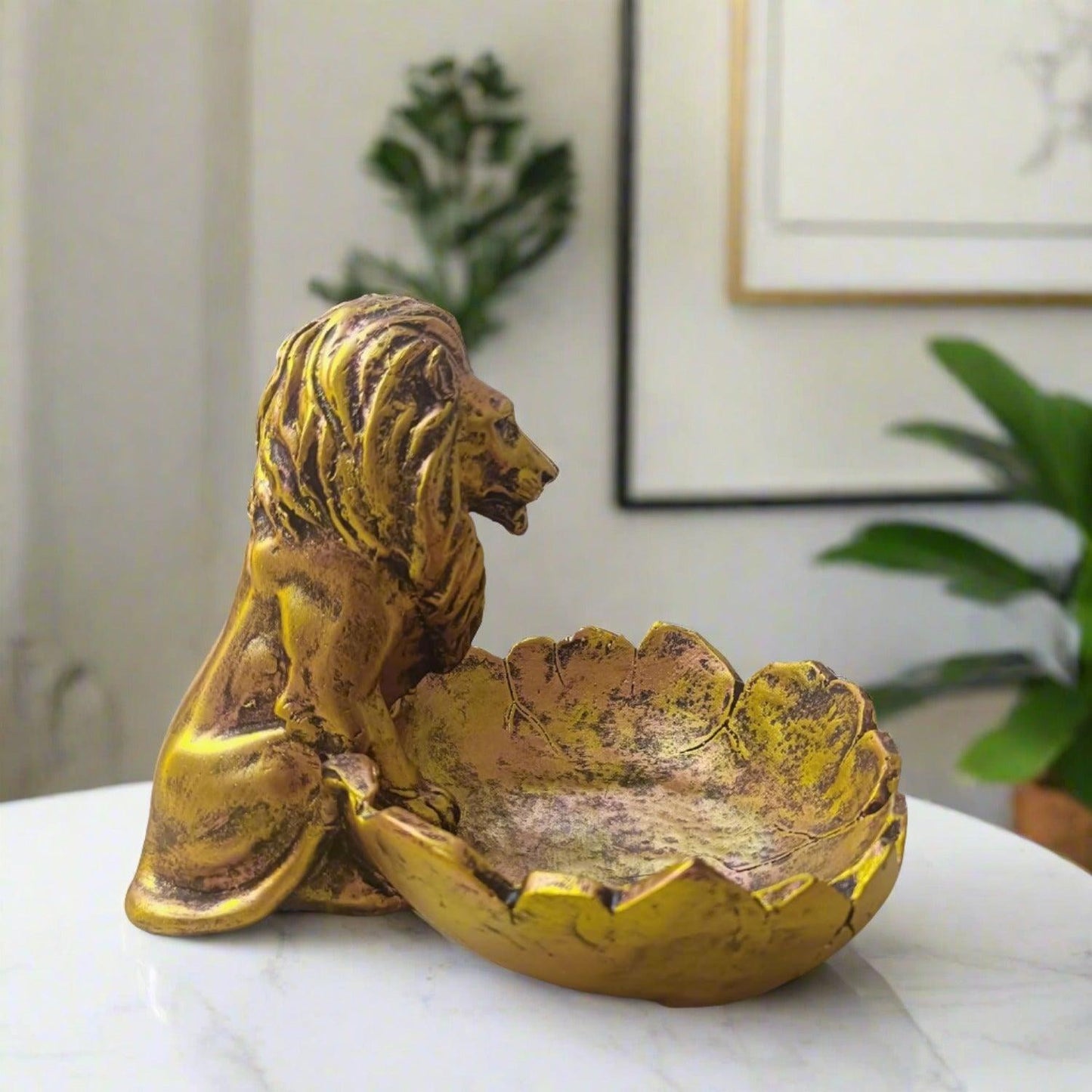 Statue ALiLA ALILA Lion Babbar Sher Bowk Tray Statue Showpiece Idol for Gifting & Home Living Room Table Decoration, Golden Statue