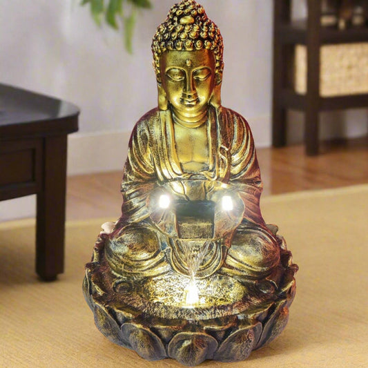 ALiLa Kamal Buddha Idol Table Top Water Fall Fountain with LED Lights Home Decor Decoration Indoor Outdoor Gift Gifting Items, 21 inches - ALiLA