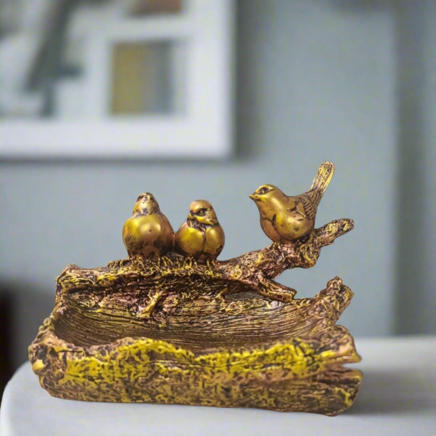 Statue ALiLA ALILA Birds Sitting on Tree Shape Tray Statue Showpiece Idol for Gifting & Home Office Living Room Table Decoration, Golden Statue