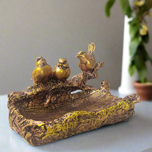 Statue ALiLA ALILA Birds Sitting on Tree Shape Tray Statue Showpiece Idol for Gifting & Home Office Living Room Table Decoration, Golden Statue