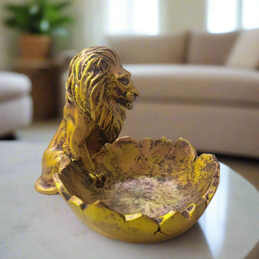 Statue ALiLA ALILA Lion Babbar Sher Bowk Tray Statue Showpiece Idol for Gifting & Home Living Room Table Decoration, Golden Statue