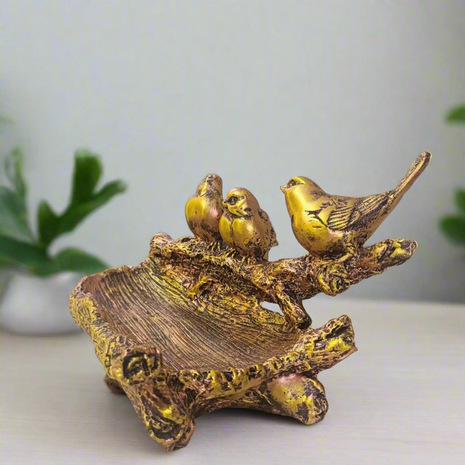 Statue ALiLA ALILA Birds Sitting on Tree Shape Tray Statue Showpiece Idol for Gifting & Home Office Living Room Table Decoration, Golden Statue