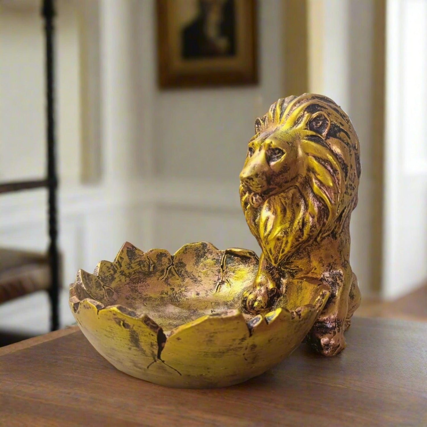 Statue ALiLA ALILA Lion Babbar Sher Bowk Tray Statue Showpiece Idol for Gifting & Home Living Room Table Decoration, Golden Statue