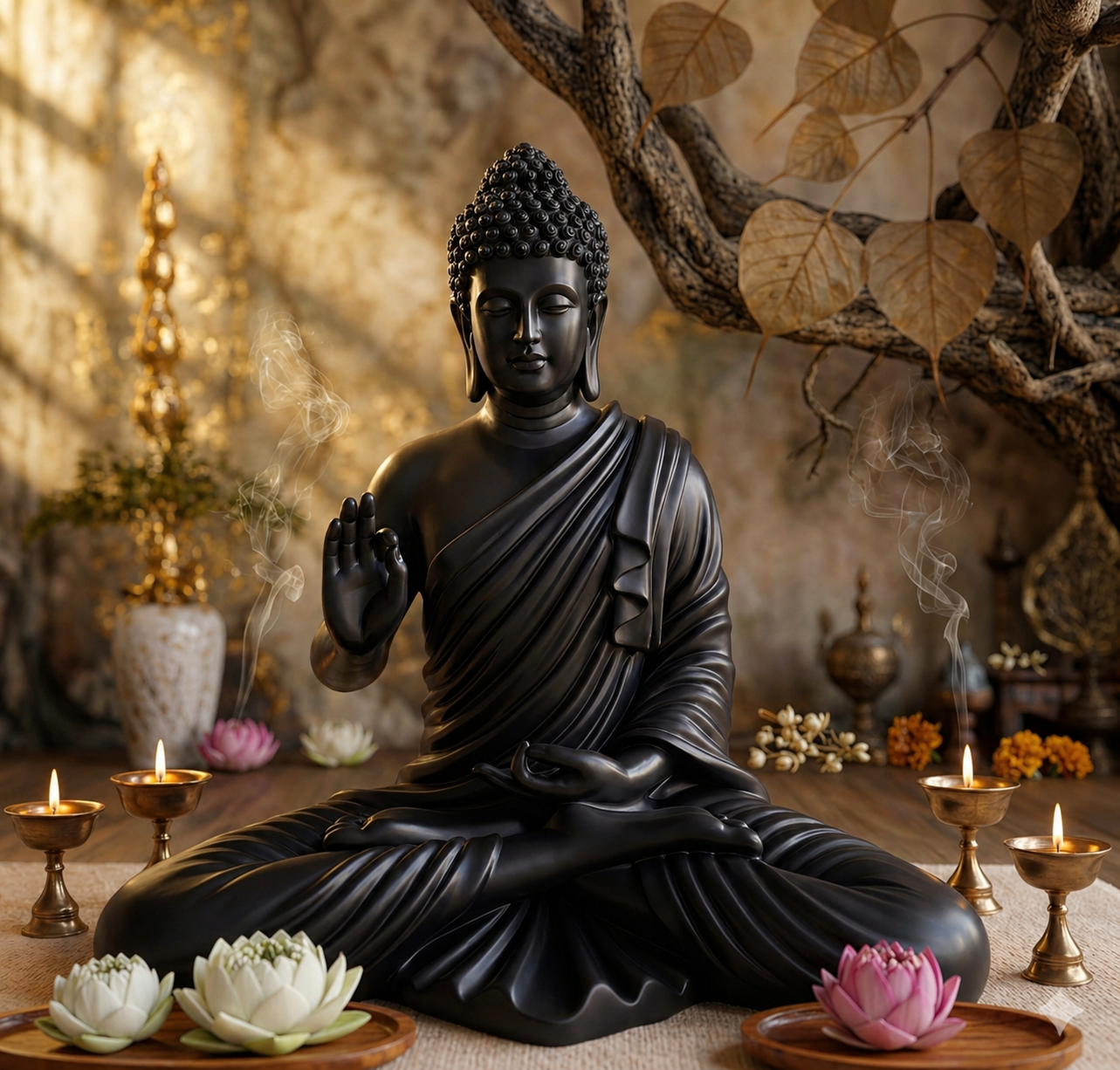 Statue ALiLA ALiLa Black Big Size Meditating Beige Buddha Idol Vastu Statue Showpiece for Home Garden Living Room Decor Decoration Gift Gifting Items, 14 inches / 35cm / 1 Feet Statue