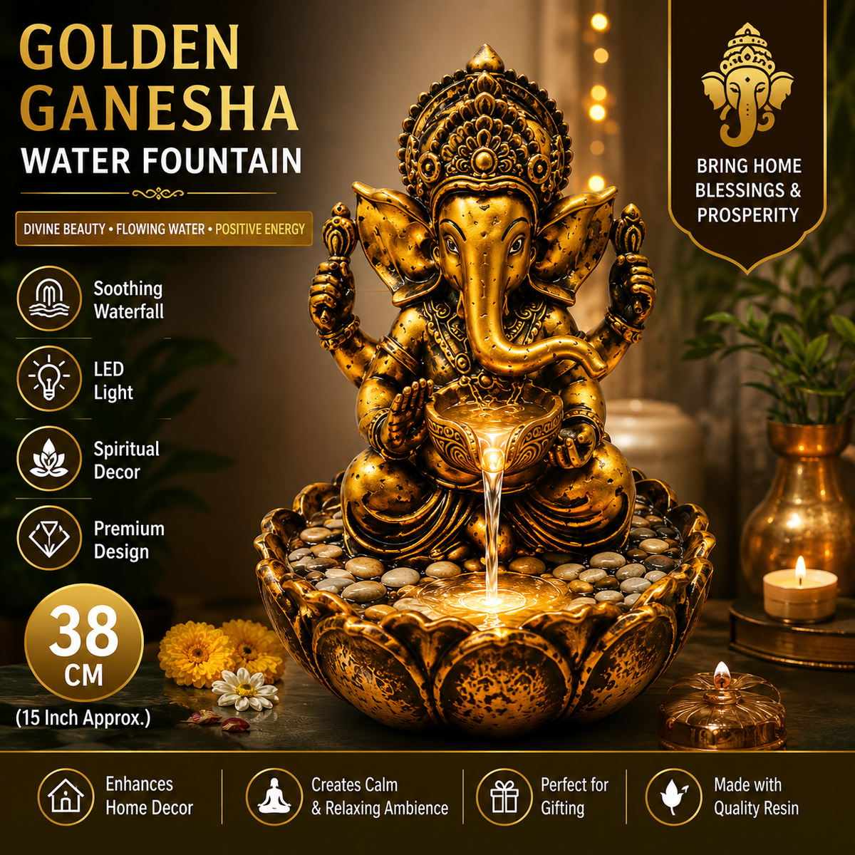 Water Fountain ALiLA ALiLa Golden Ganesha Water Fountain with LED Light, 38 cm, Lord Ganesh Tabletop Waterfall Fountain, Resin Decorative Showpiece for Home, Living Room, Office & Pooja Room, Vastu Decor Water Fountain