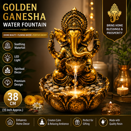Water Fountain ALiLA ALiLa Golden Ganesha Water Fountain with LED Light, 38 cm, Lord Ganesh Tabletop Waterfall Fountain, Resin Decorative Showpiece for Home, Living Room, Office & Pooja Room, Vastu Decor Water Fountain