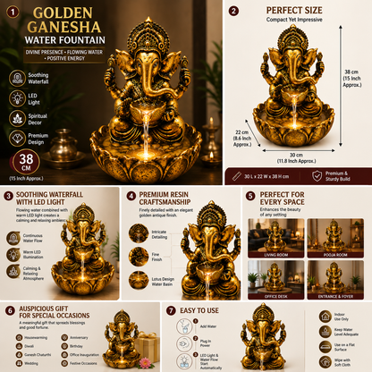 Water Fountain ALiLA ALiLa Golden Ganesha Water Fountain with LED Light, 38 cm, Lord Ganesh Tabletop Waterfall Fountain, Resin Decorative Showpiece for Home, Living Room, Office & Pooja Room, Vastu Decor Water Fountain