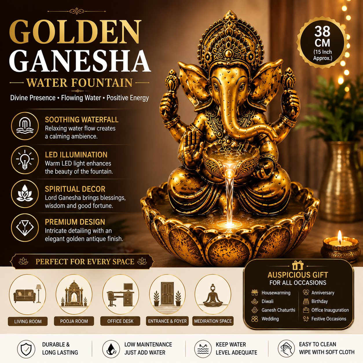 Water Fountain ALiLA ALiLa Golden Ganesha Water Fountain with LED Light, 38 cm, Lord Ganesh Tabletop Waterfall Fountain, Resin Decorative Showpiece for Home, Living Room, Office & Pooja Room, Vastu Decor Water Fountain