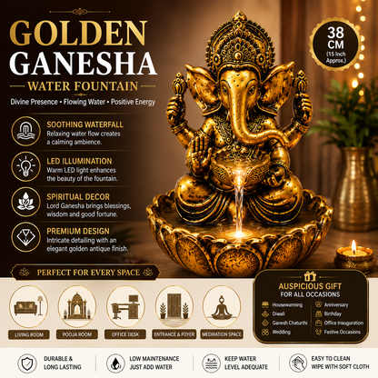 Water Fountain ALiLA ALiLa Golden Ganesha Water Fountain with LED Light, 38 cm, Lord Ganesh Tabletop Waterfall Fountain, Resin Decorative Showpiece for Home, Living Room, Office & Pooja Room, Vastu Decor Water Fountain