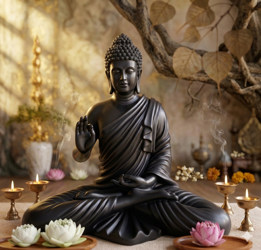 Statue ALiLA ALiLa Black Big Size Meditating Beige Buddha Idol Vastu Statue Showpiece for Home Garden Living Room Decor Decoration Gift Gifting Items, 14 inches / 35cm / 1 Feet Statue