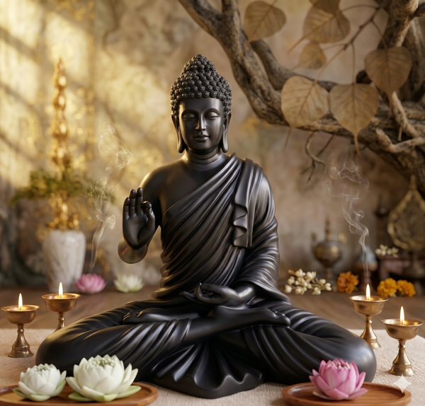 Statue ALiLA ALiLa Black Big Size Meditating Beige Buddha Idol Vastu Statue Showpiece for Home Garden Living Room Decor Decoration Gift Gifting Items, 14 inches / 35cm / 1 Feet Statue