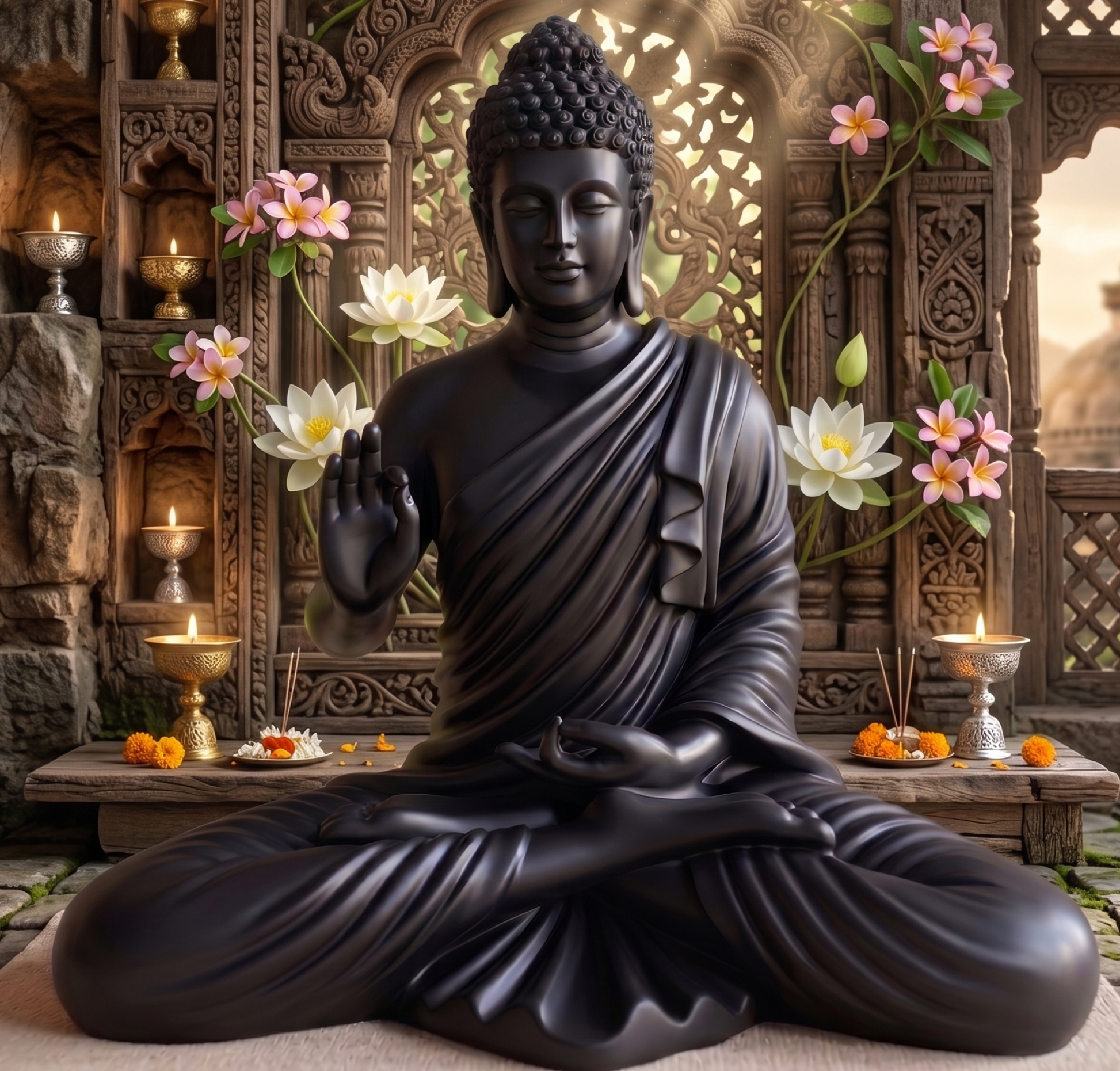 Statue ALiLA ALiLa Black Big Size Meditating Beige Buddha Idol Vastu Statue Showpiece for Home Garden Living Room Decor Decoration Gift Gifting Items, 14 inches / 35cm / 1 Feet Statue