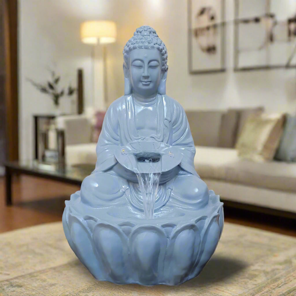 Water Fountain ALiLA ALiLa Kamal Buddha Idol Table Top Water Fall Fountain with LED Lights Home Decoration Indoor Outdoor Gift Gifting Items, 21 inches, Grey Water Fountain