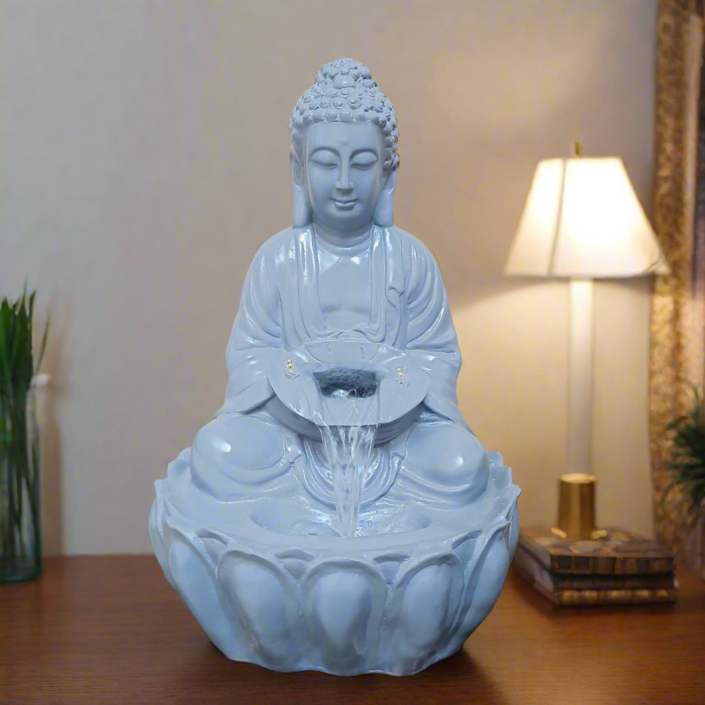 Water Fountain ALiLA ALiLa Kamal Buddha Idol Table Top Water Fall Fountain with LED Lights Home Decoration Indoor Outdoor Gift Gifting Items, 21 inches, Grey Water Fountain