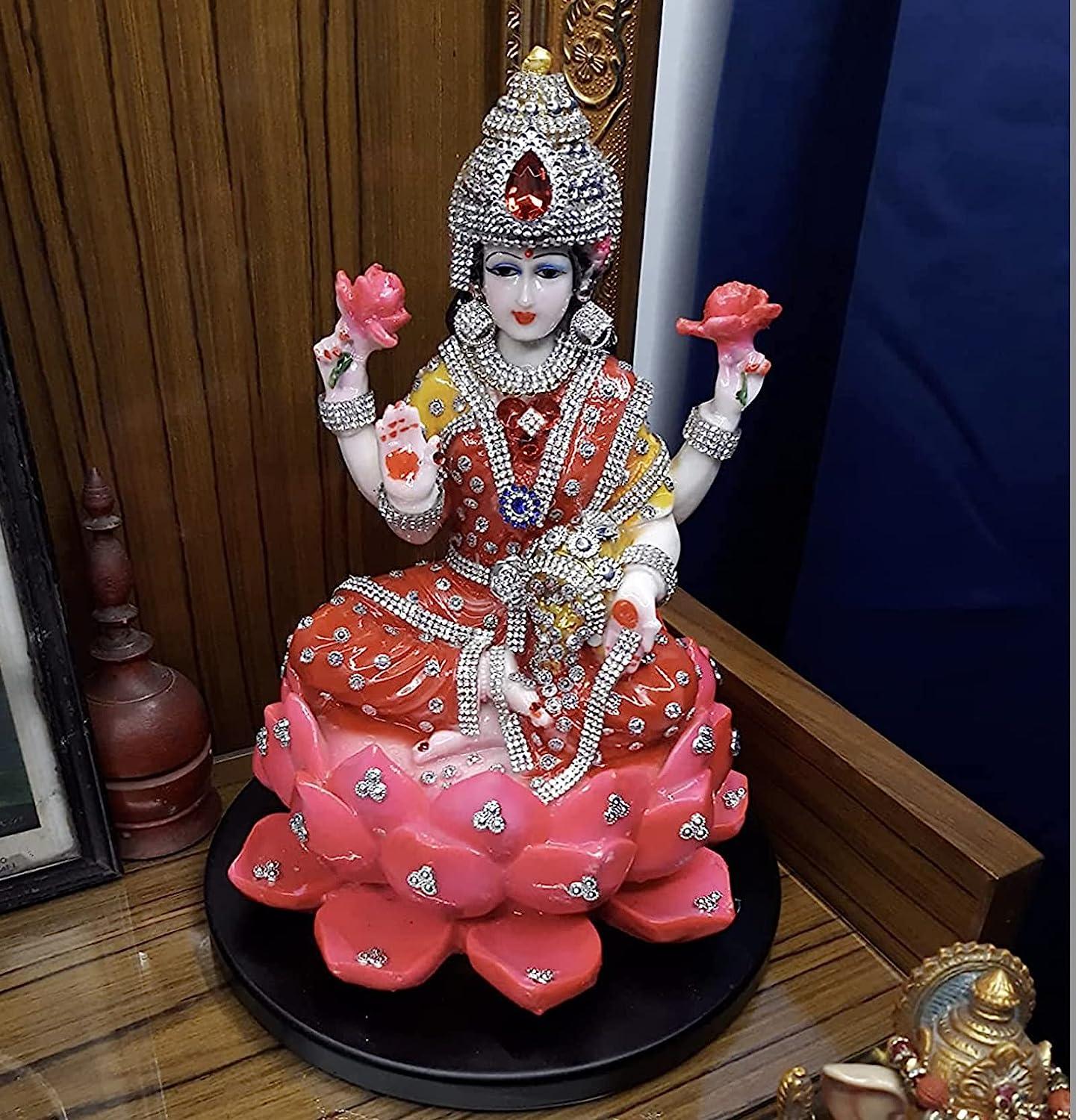 Statue ALiLA Marble Lakshmi Ji Ki Murti Lotus God Idol Figurine with Ornaments for Pooja Room Gift Items Mandir/Temple/Home/Office Statue