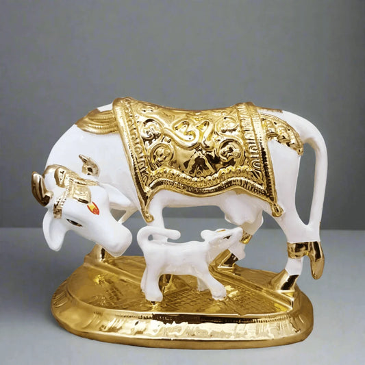 Statue ALiLA ALiLa White & Golden Kamdhenu Cow and Calf Statue for Home Wealth, Prosperity, Peace, 6 Inches Statue
