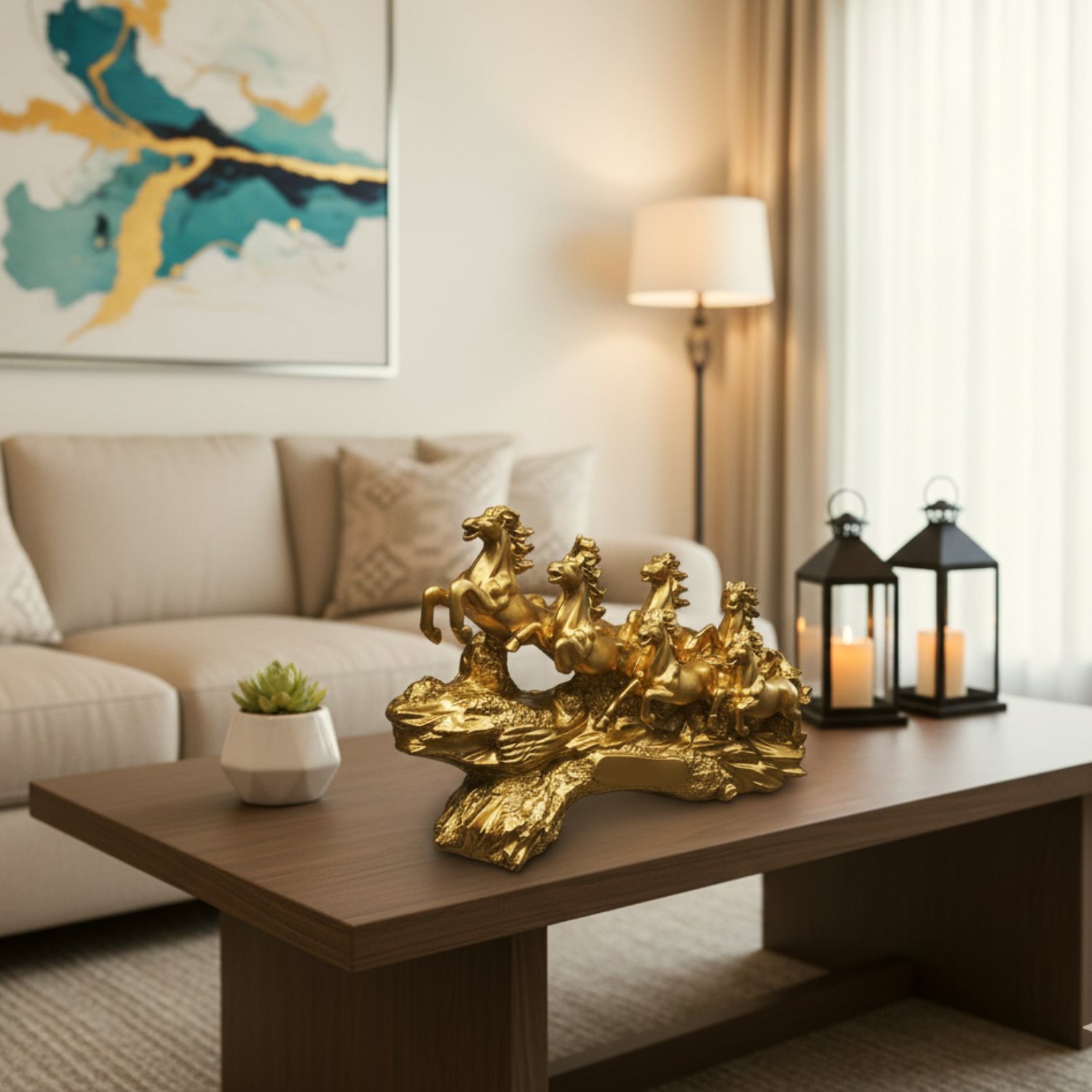 Statue ALiLA ALILA Golden 7 Running Horses Statue 19 Inch | Vastu Feng Shui Horse Showpiece for Home & Office Decor | Symbol of Success, Wealth & Good Luck | Decorative Horse Sculpture on Golden Wave Base Statue
