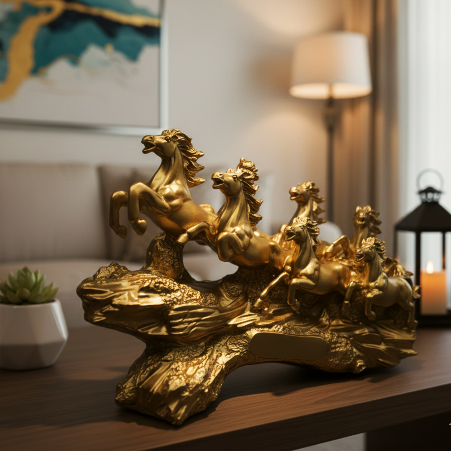Statue ALiLA ALILA Golden 7 Running Horses Statue 19 Inch | Vastu Feng Shui Horse Showpiece for Home & Office Decor | Symbol of Success, Wealth & Good Luck | Decorative Horse Sculpture on Golden Wave Base Statue